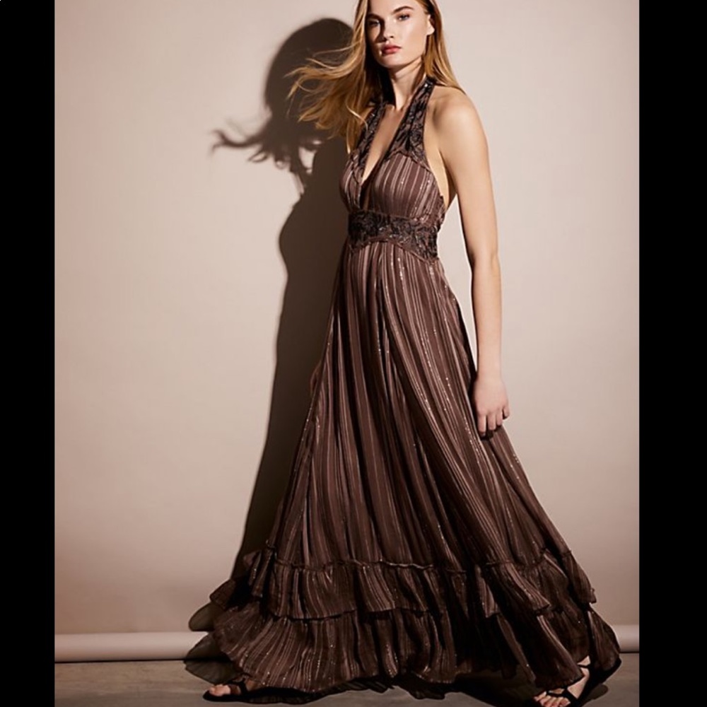 Free People Brown Halter Maxi Dress with Subtle Metallic Stripes
